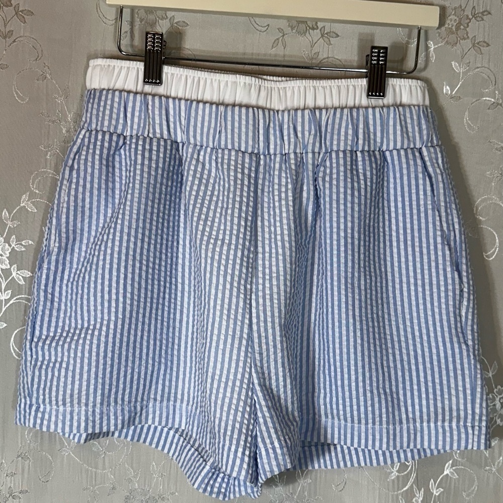 Exlura Blue and White Stripe High Waisted Boxer Shorts Size Small - Picture 3 of 11